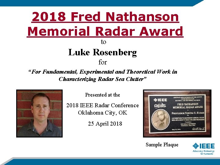 2018 Fred Nathanson Memorial Radar Award to Luke Rosenberg for “For Fundamental, Experimental and