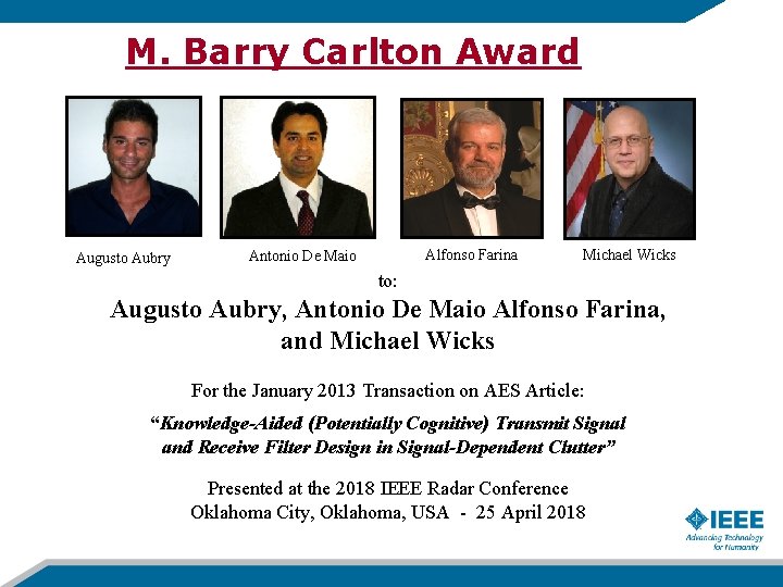 M. Barry Carlton Award Augusto Aubry Alfonso Farina Antonio De Maio Michael Wicks to: