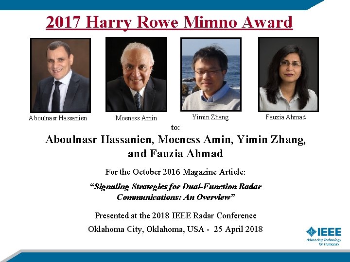 2017 Harry Rowe Mimno Award Aboulnasr Hassanien Yimin Zhang Moeness Amin Fauzia Ahmad to: