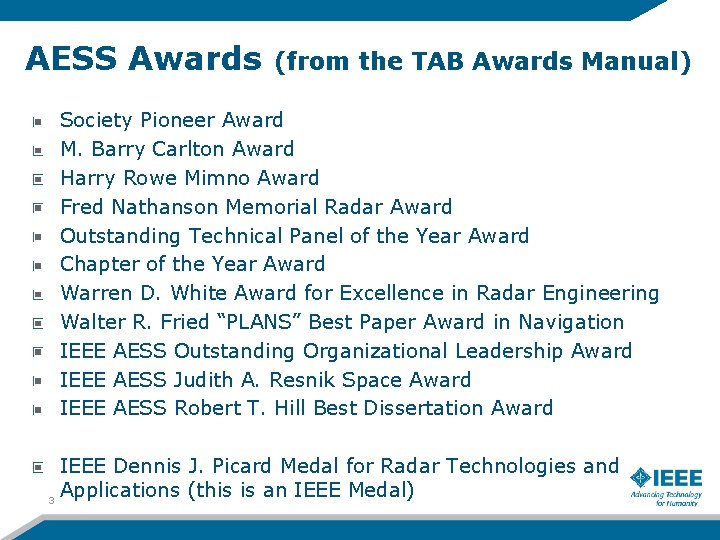 AESS Awards (from the TAB Awards Manual) Society Pioneer Award M. Barry Carlton Award