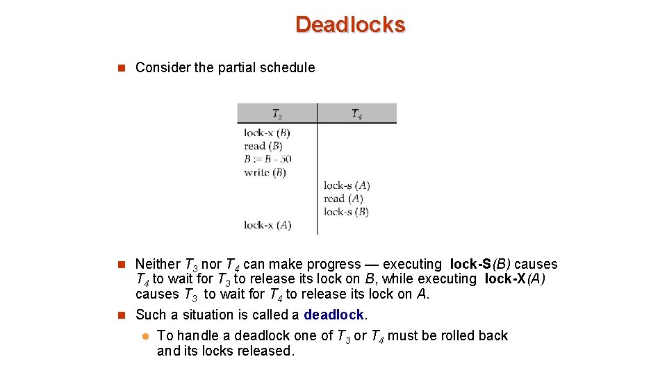 Deadlocks n Consider the partial schedule n Neither T 3 nor T 4 can