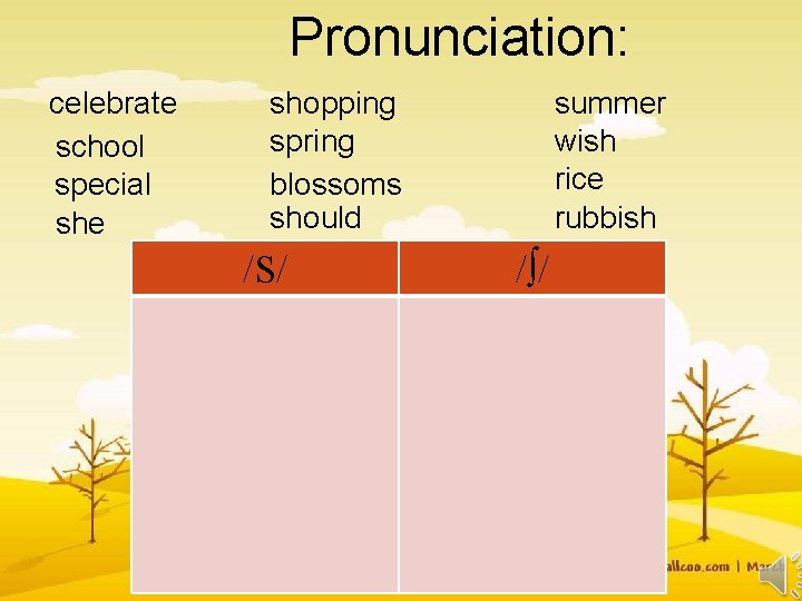Pronunciation: celebrate school special she shopping spring blossoms should /S/ summer wish rice rubbish
