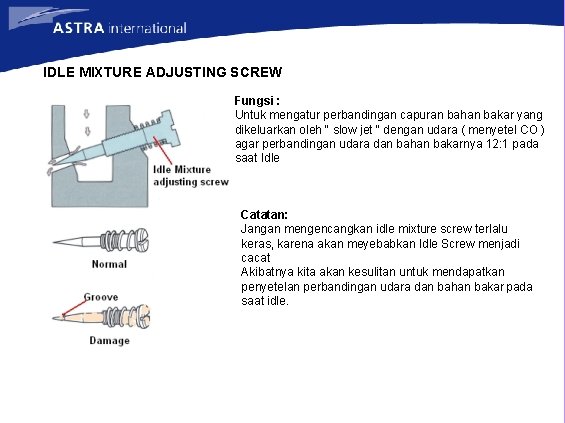 IDLE MIXTURE ADJUSTING SCREW Fungsi : Untuk mengatur perbandingan capuran bahan bakar yang dikeluarkan