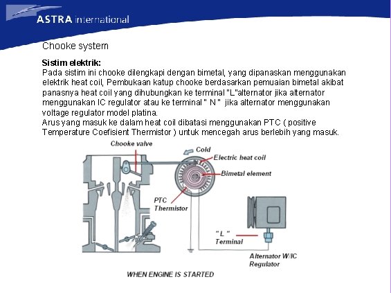 Chooke system Sistim elektrik: Pada sistim ini chooke dilengkapi dengan bimetal, yang dipanaskan menggunakan