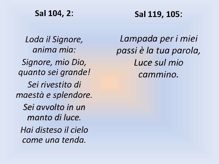 Sal 104, 2: Sal 119, 105: Loda il Signore, anima mia: Signore, mio Dio,