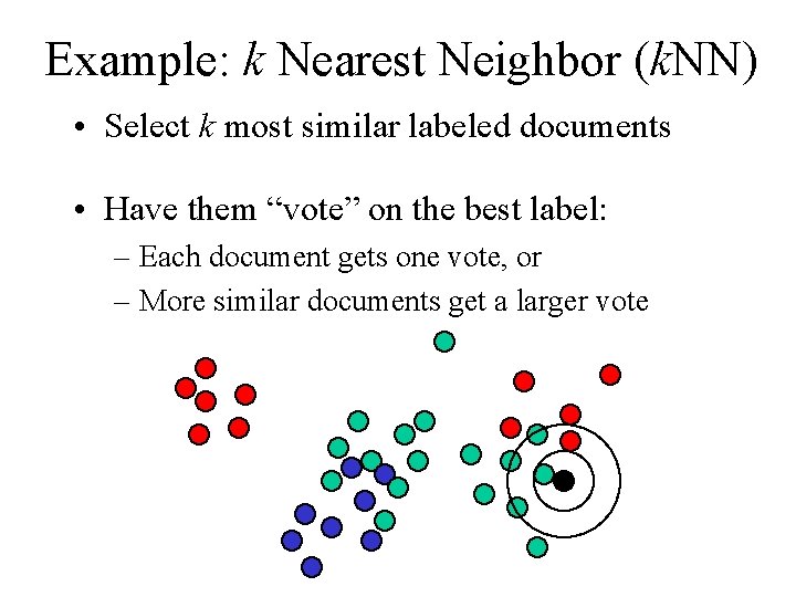 Example: k Nearest Neighbor (k. NN) • Select k most similar labeled documents •