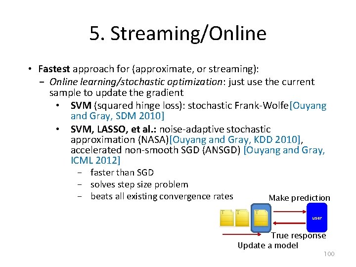 5. Streaming/Online • Fastest approach for (approximate, or streaming): − Online learning/stochastic optimization: just