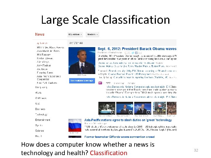 Large Scale Classification How does a computer know whether a news is technology and