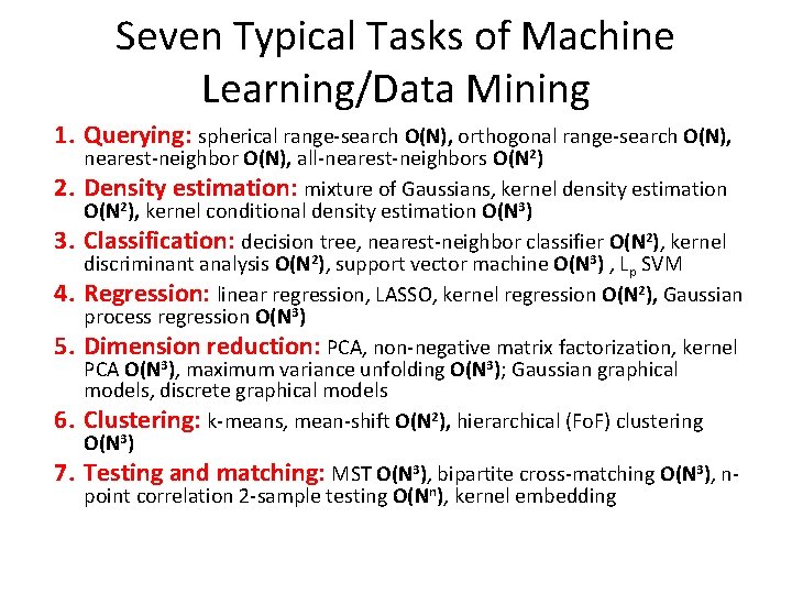 Seven Typical Tasks of Machine Learning/Data Mining 1. Querying: spherical range-search O(N), orthogonal range-search