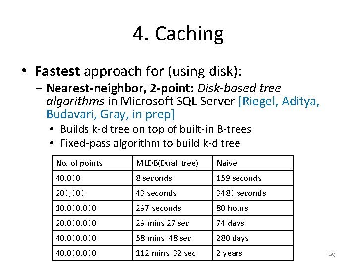 4. Caching • Fastest approach for (using disk): − Nearest-neighbor, 2 -point: Disk-based tree