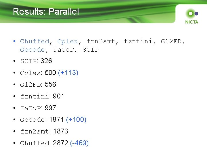 Results: Parallel • Chuffed, Cplex, fzn 2 smt, fzntini, G 12 FD, Gecode, Ja.