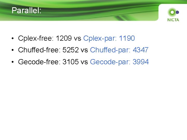Parallel: • Cplex-free: 1209 vs Cplex-par: 1190 • Chuffed-free: 5252 vs Chuffed-par: 4347 •