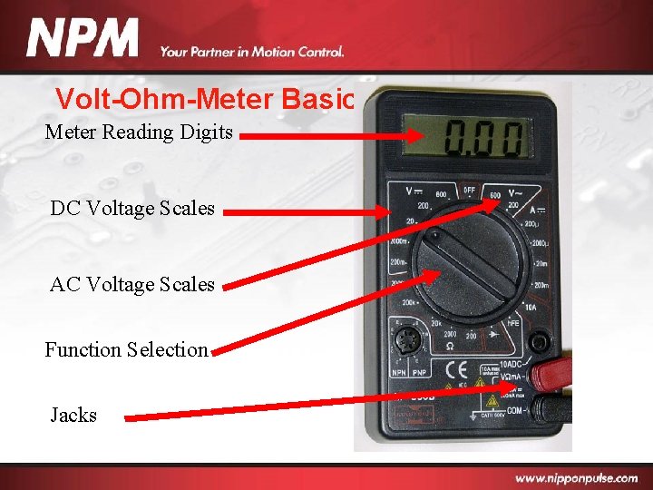 Volt-Ohm-Meter Basics Meter Reading Digits DC Voltage Scales AC Voltage Scales Function Selection Jacks