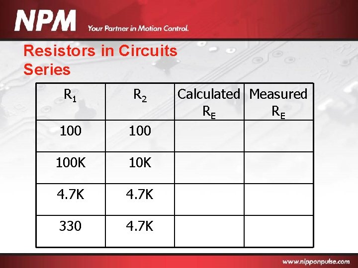 Resistors in Circuits Series R 1 R 2 100 100 K 10 K 4.