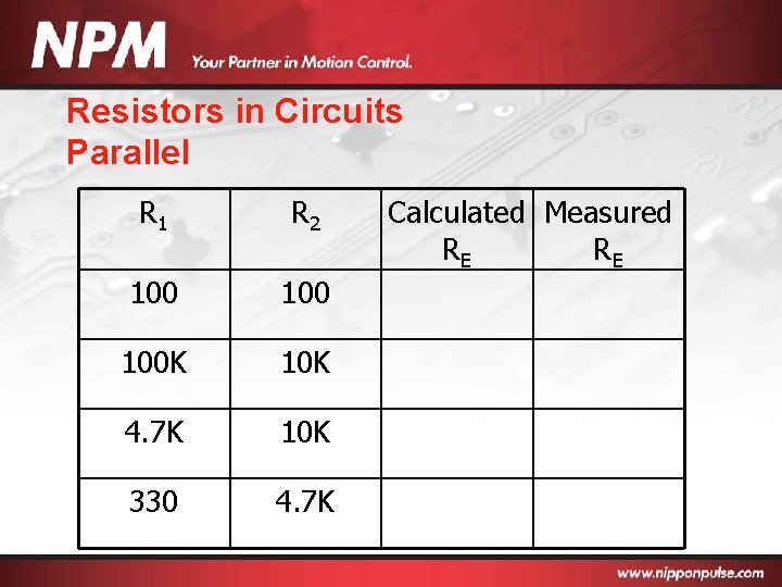 Resistors in Circuits Parallel R 1 R 2 100 100 K 10 K 4.