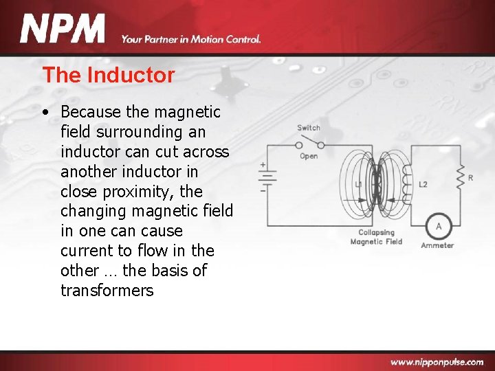 The Inductor • Because the magnetic field surrounding an inductor can cut across another