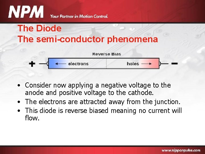 The Diode The semi-conductor phenomena • Consider now applying a negative voltage to the