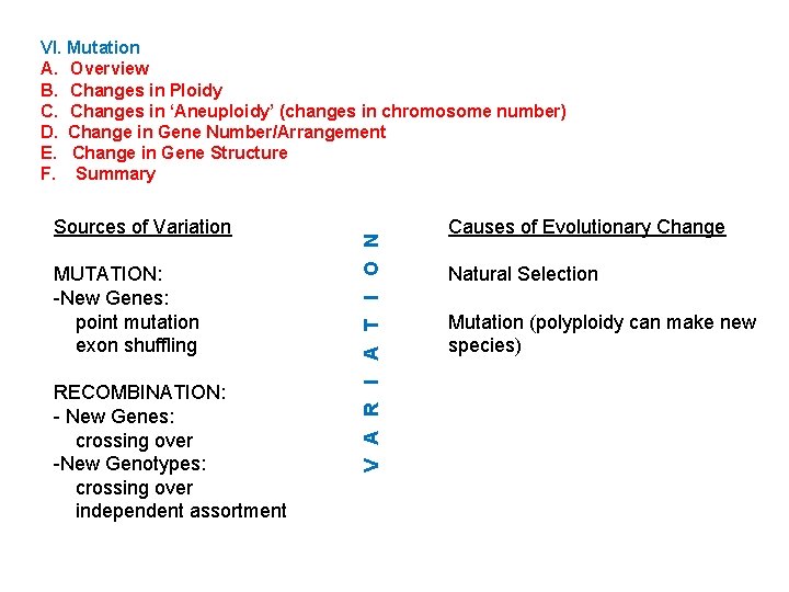 Sources of Variation MUTATION: -New Genes: point mutation exon shuffling RECOMBINATION: - New Genes: