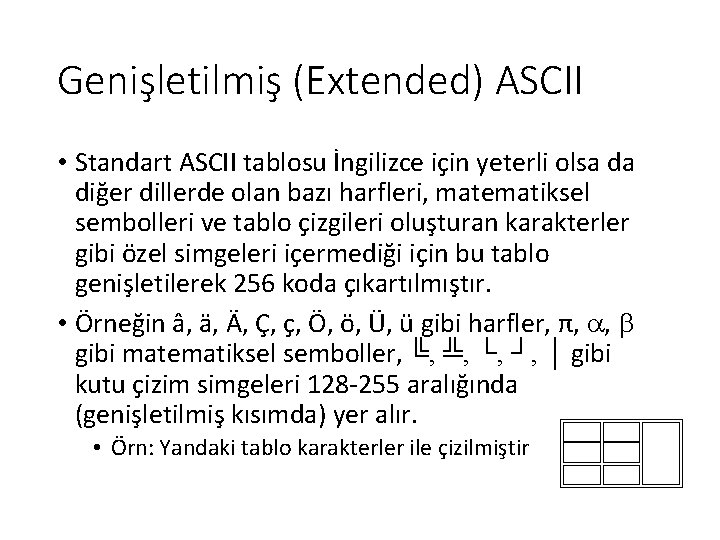 Genişletilmiş (Extended) ASCII • Standart ASCII tablosu İngilizce için yeterli olsa da diğer dillerde