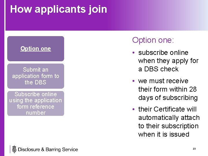 How applicants join Option one: Option one Submit an application form to the DBS