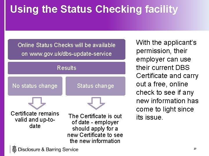 Using the Status Checking facility Online Status Checks will be available on www. gov.
