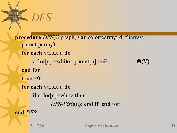 DFS procedure DFS(G: graph; var color: carray; d, f: iarray; parent: parray); for each