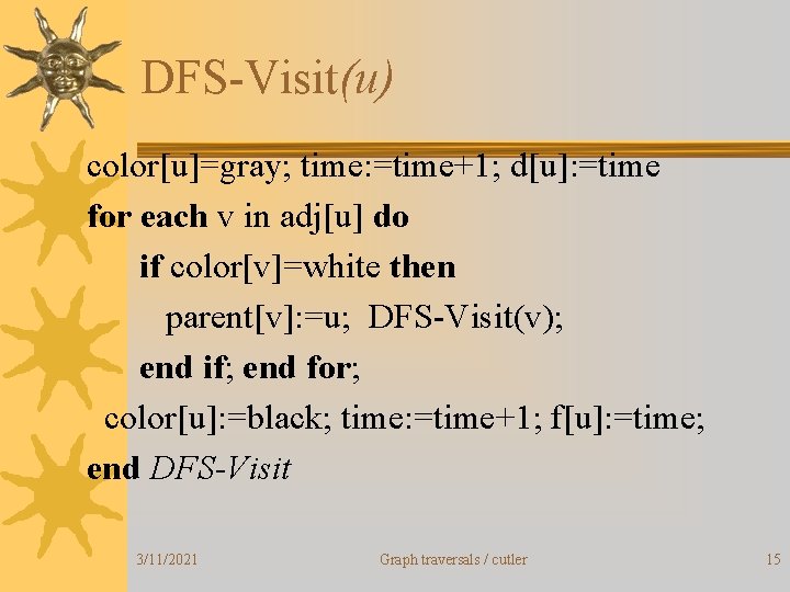 DFS-Visit(u) color[u]=gray; time: =time+1; d[u]: =time for each v in adj[u] do if color[v]=white