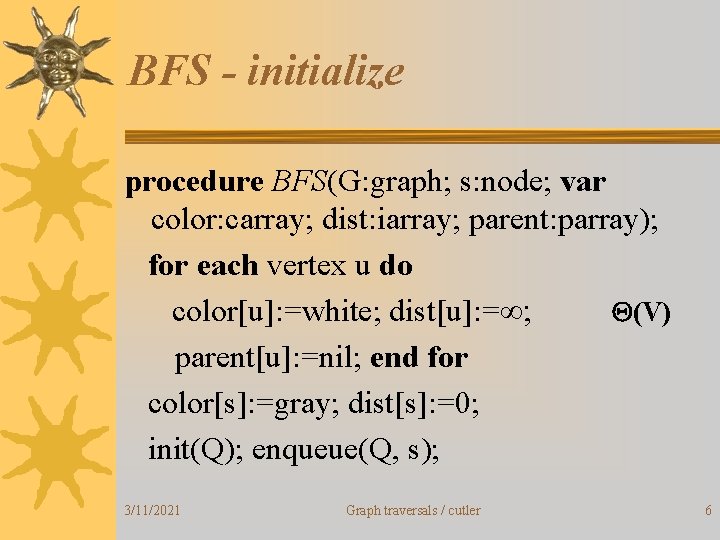 BFS - initialize procedure BFS(G: graph; s: node; var color: carray; dist: iarray; parent: