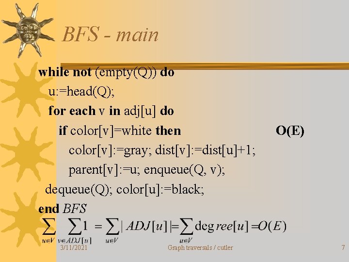 BFS - main while not (empty(Q)) do u: =head(Q); for each v in adj[u]
