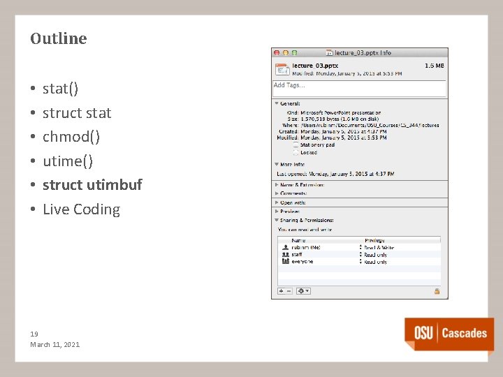 Outline • • • stat() struct stat chmod() utime() struct utimbuf Live Coding 19