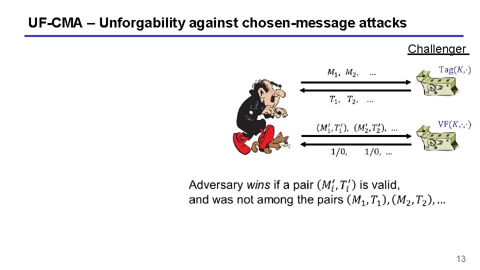 UF-CMA – Unforgability against chosen-message attacks Challenger 13 