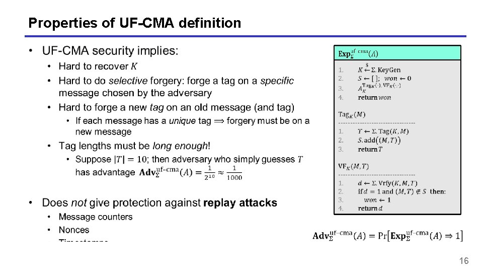 Properties of UF-CMA definition 16 