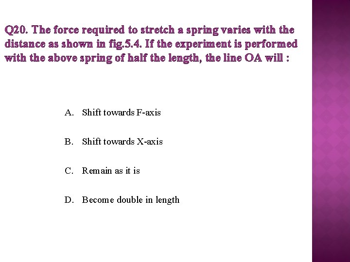 Q 20. The force required to stretch a spring varies with the distance as