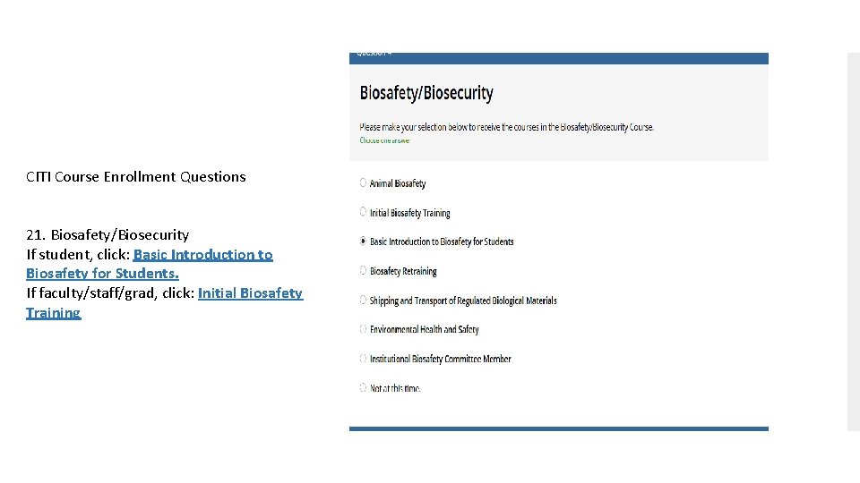 CITI Course Enrollment Questions 21. Biosafety/Biosecurity If student, click: Basic Introduction to Biosafety for