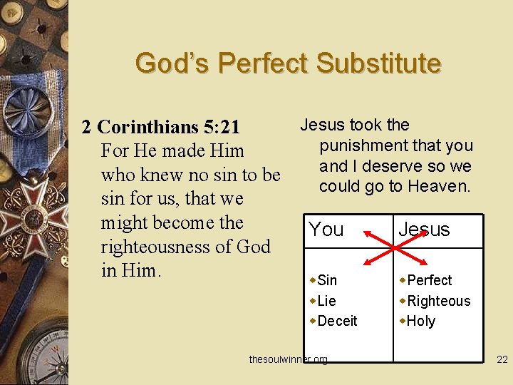 God’s Perfect Substitute Jesus took the 2 Corinthians 5: 21 punishment that you For