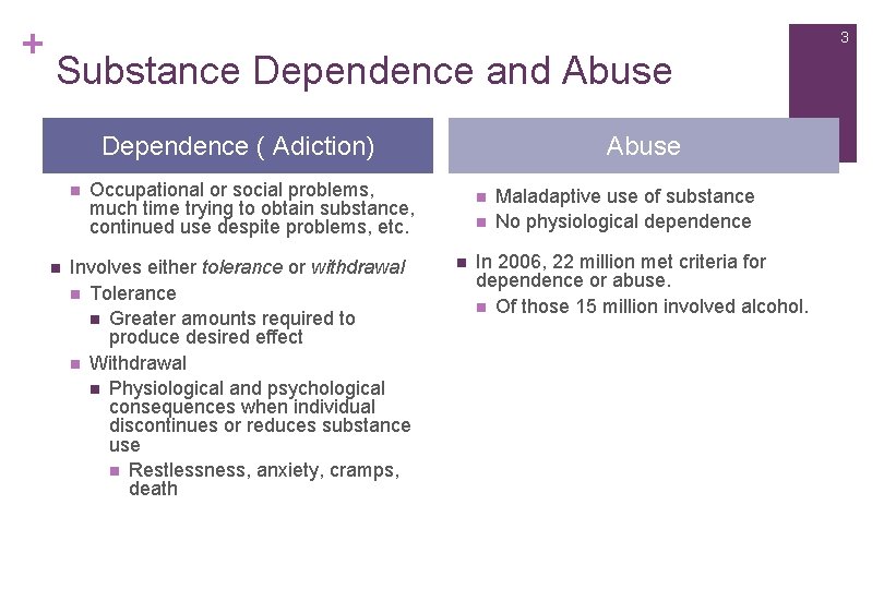 + 3 Substance Dependence and Abuse Dependence ( Adiction) n n Abuse Occupational or