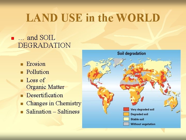 LAND USE in the WORLD n … and SOIL DEGRADATION n n n Erosion