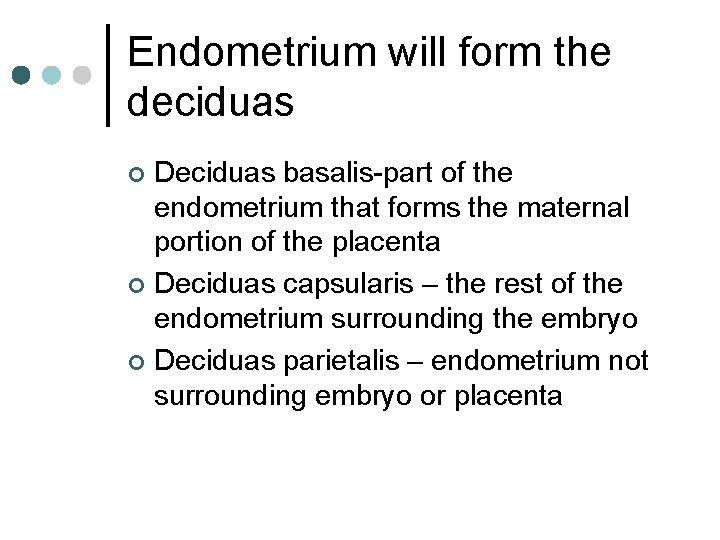 Endometrium will form the deciduas Deciduas basalis-part of the endometrium that forms the maternal