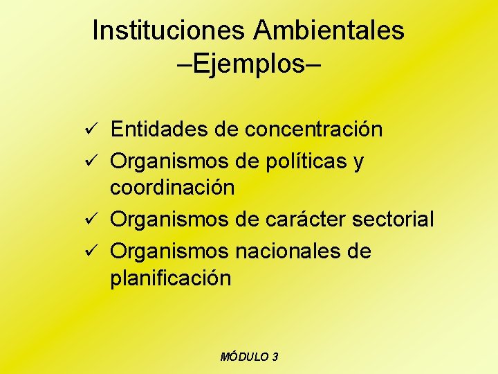 Instituciones Ambientales –Ejemplos– ü Entidades de concentración ü Organismos de políticas y coordinación ü