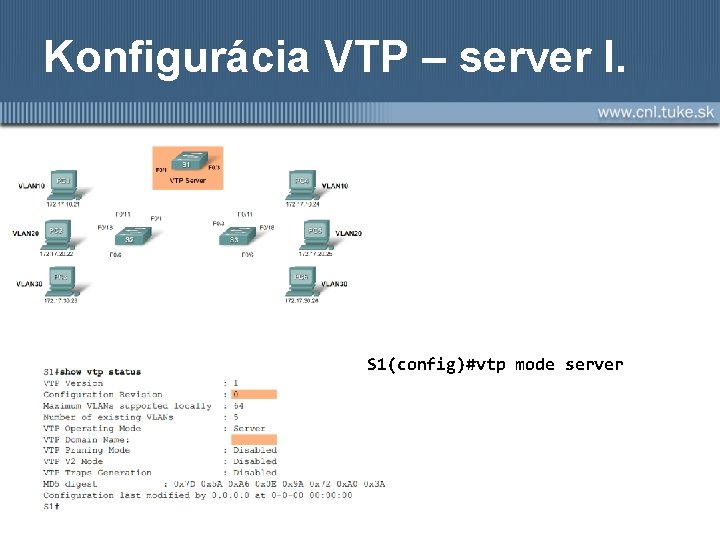 Konfigurácia VTP – server I. S 1(config)#vtp mode server 