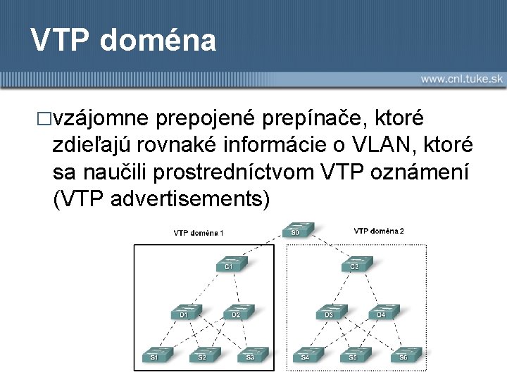 VTP doména �vzájomne prepojené prepínače, ktoré zdieľajú rovnaké informácie o VLAN, ktoré sa naučili