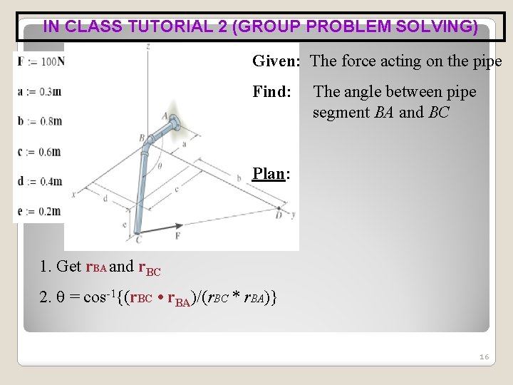 IN CLASS TUTORIAL 2 (GROUP PROBLEM SOLVING) Given: The force acting on the pipe