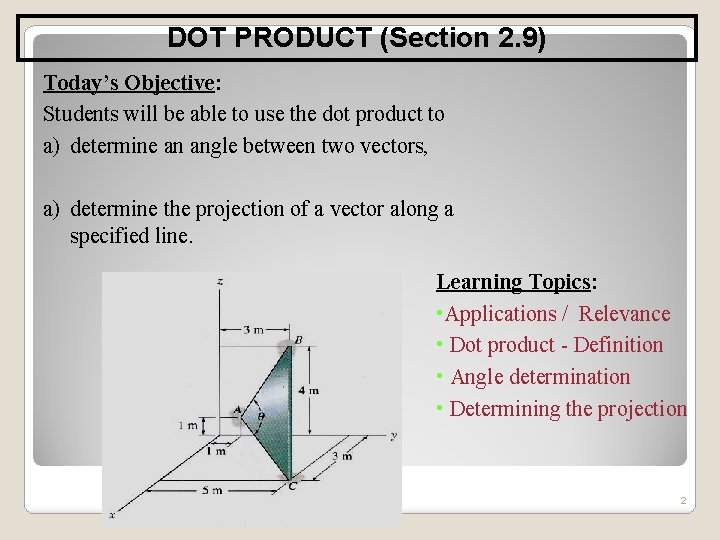 DOT PRODUCT (Section 2. 9) Today’s Objective: Students will be able to use the