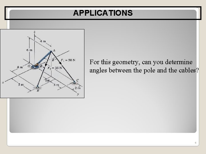 APPLICATIONS For this geometry, can you determine angles between the pole and the cables?