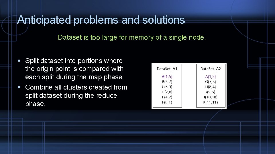 Anticipated problems and solutions Dataset is too large for memory of a single node.