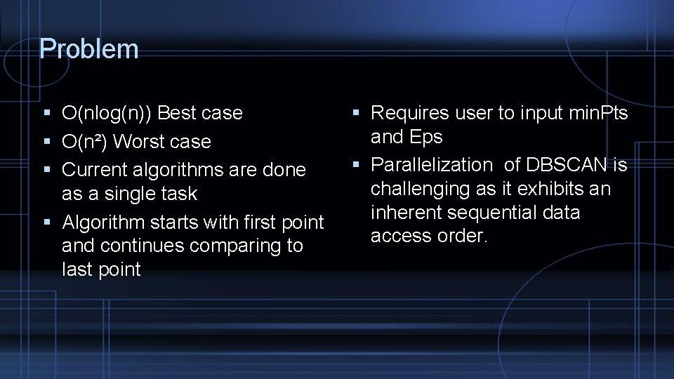 Problem O(nlog(n)) Best case O(n²) Worst case Current algorithms are done as a single
