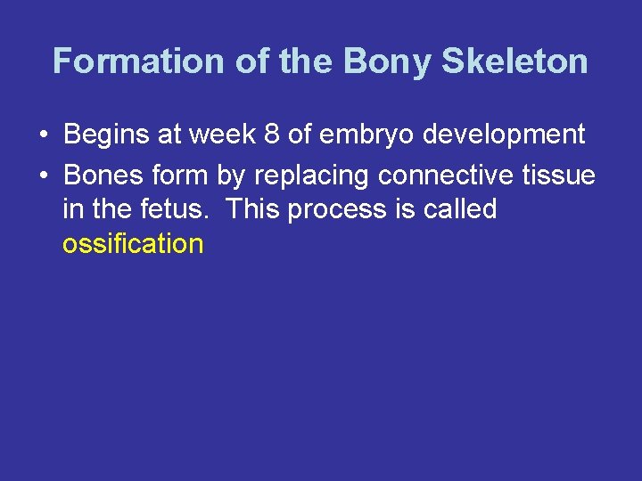 Formation of the Bony Skeleton • Begins at week 8 of embryo development •