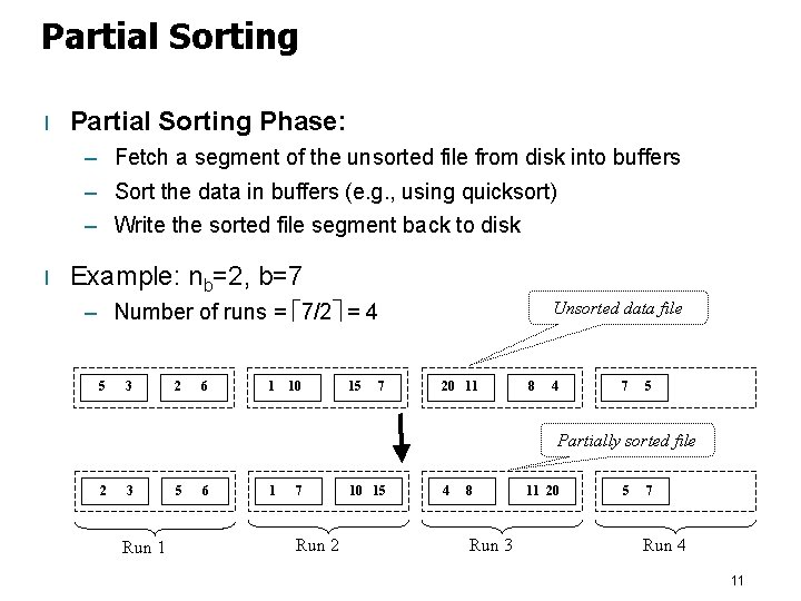 Partial Sorting l Partial Sorting Phase: – Fetch a segment of the unsorted file