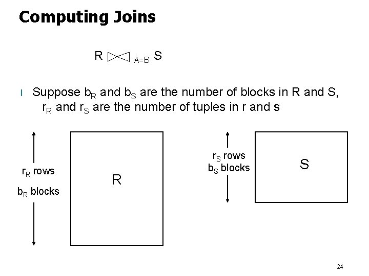 Computing Joins R l A=B S Suppose b. R and b. S are the