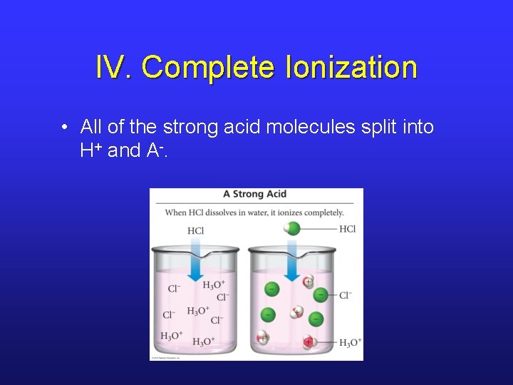 IV. Complete Ionization • All of the strong acid molecules split into H+ and